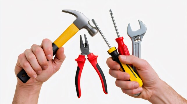 Hands holding construction and repair tools together