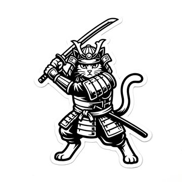 Black and white illustration of a brave samurai cat character wearing traditional japanese armor and holding a katana sword