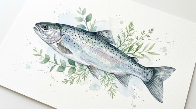 Watercolor illustration of a speckled trout fish surrounded by green botanical foliage