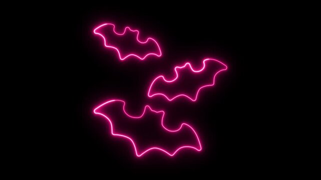 Three glowing pink neon bats silhouettes flying in the dark night