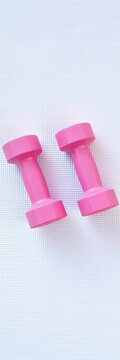Pair of pink dumbbells on white textured exercise mat