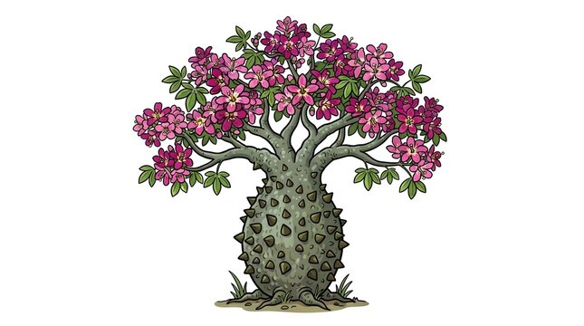 Unique illustration of a bottle tree with a thorny swollen trunk and blooming pink flowers, isolated on a white background.