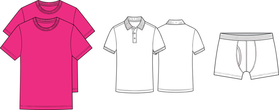 Pink t-shirt white polo shirt and boxer briefs fashion flat sketch vector illustration template for apparel design collection
