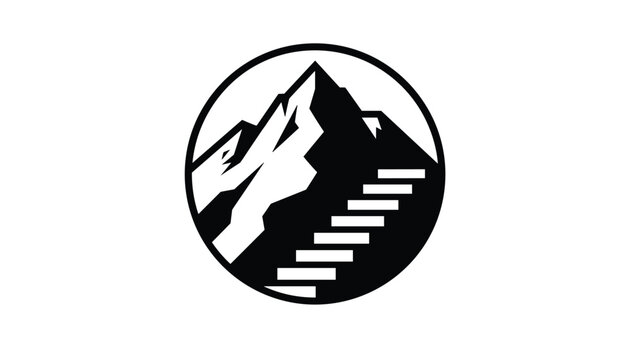 Black and white circular logo depicting a rugged mountain range with a flight of stairs leading upwards towards the peak for motivation.