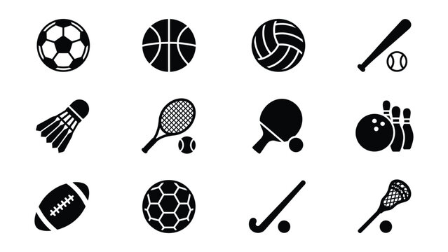 Set of black and white icons for various popular sports equipment and balls