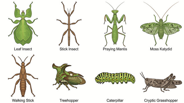 Detailed Vector Illustration of Eight Insects: Leaf Insect, Stick Insect, Praying Mantis, Moss Katydid, Walking Stick, Treehopper, Caterpillar, Cryptic Grasshopper.