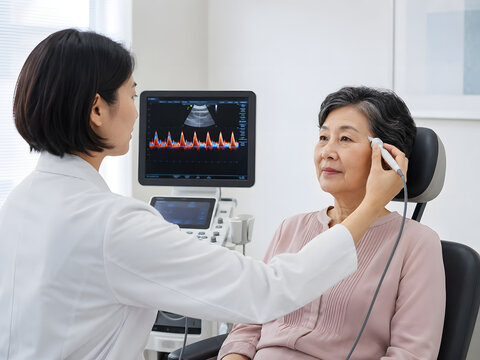 Neurovascular sonographer performing transcranial Doppler ultrasound on older Asian woman in clinic