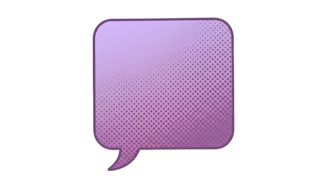 Purple square speech bubble with rounded corners and a textured halftone pattern featuring a tail pointing towards the bottom left.