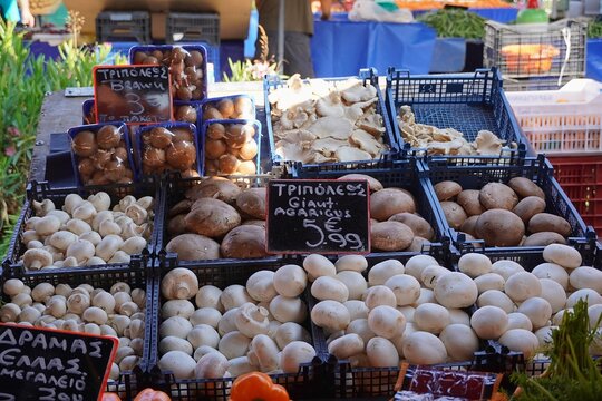 Various types of mushrooms on display in an open market stand in Greece