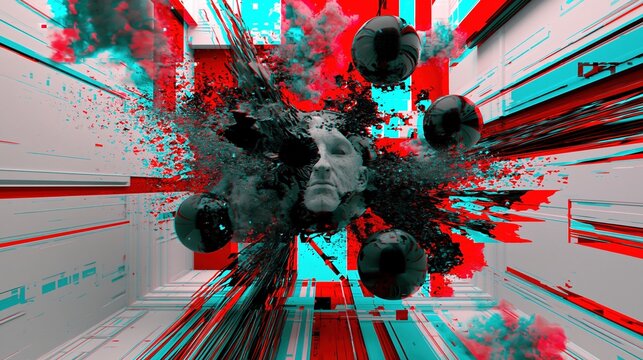 Surreal Abstract Exploding Head with Glitch Effect and Spheres in Futuristic Corridor