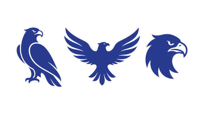 Set of blue eagle icons featuring a perched hawk soaring eagle with spread wings fierce bird head profile blue raptor bird of prey animal symbols wildlife vector blue art