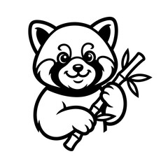 Fototapeta premium Cute cartoon red panda holding a bamboo stick vector illustration in black and white line art style