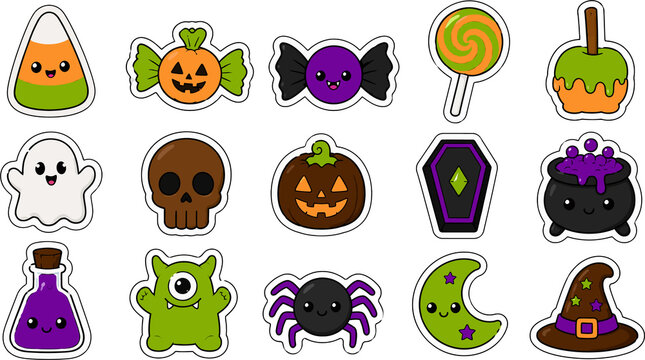 Cute Halloween Candy and Spooky Cartoon Icons Collection