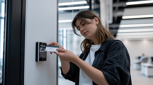 Young woman using access control card reader for building entry in modern office environment