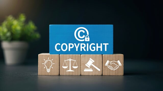 A blue block marked with a copyright symbol stands on wooden blocks with legal icons. Illustrating intellectual property rights and legal protection concepts.