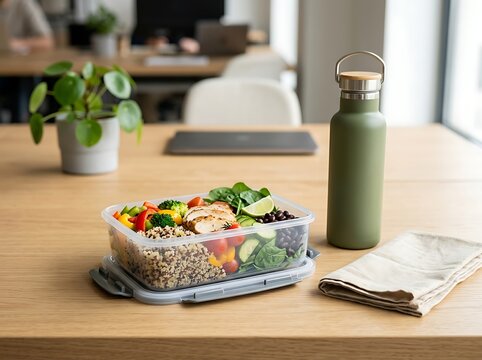 Healthy salad in a glass container and a reusable water bottle on a wooden office desk. spill proof container