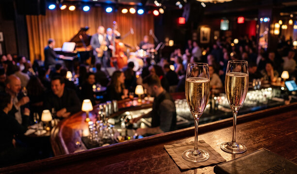  champagne flutes filled with a light-colored sparkling wine on a bar counter, with a blurred backdrop of a lively jazz club with a band on stage