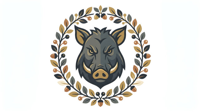 Stylized wild boar head mascot with tusks and intense gaze, centered within a circular heraldic wreath of oak leaves and acorns, modern vector illustration on white background.