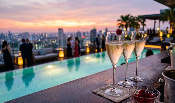 champagne flutes filled with a light-colored sparkling wine on a bar counter, with a blurred backdrop of a luxurious rooftop pool at sunset