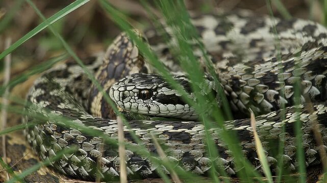 Close-up of a viper snake coiled in tall green grass with detailed scales