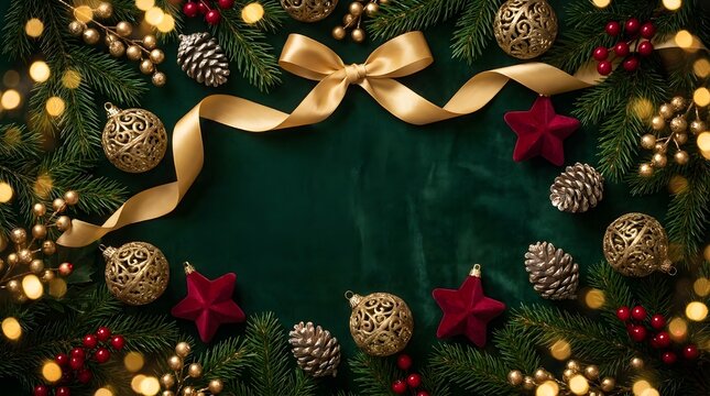 A festive christmas scene with ornaments ribbons and a dark green velvet background evoking holiday cheer
