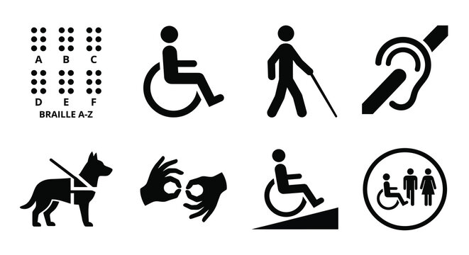 Accessibility pictograms including braille wheelchair and hearing loop symbols in black