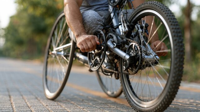 Male athlete using handcycle on a paved path surrounded by greenery, focusing on the bike's gears and wheels during a para sport training session