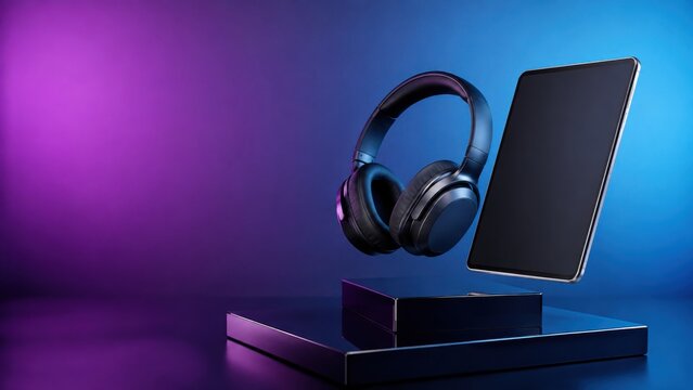 Black Friday promotional mockup featuring wireless headphones and tablet on a sleek display platform with vibrant purple and blue gradient background