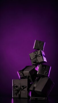 Black Friday card background featuring a stack of black gift boxes with ribbons against a vibrant purple backdrop, ideal for promotional material and holiday marketing