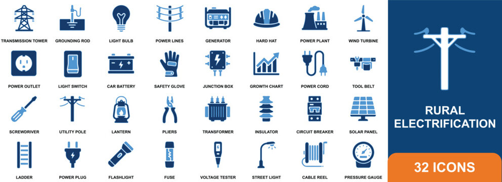 Electrical infrastructure flat icons depict power generation distribution and safety equipment powerline transmission electricity voltage