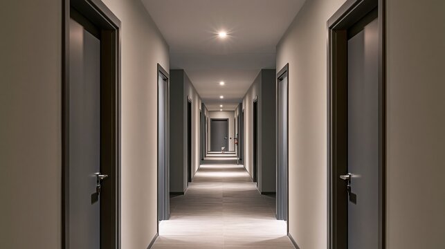 Modern Hotel Corridor with Multiple Doors Leading Down a Long, Well-Lit Hallway