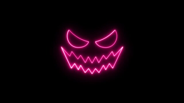 Glowing pink neon monster face with sharp teeth and evil eyes on a dark background