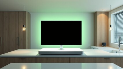 Fototapeta premium Modern kitchen interior features sleek cabinets, countertop, monitor with glowing backlight. Minimalist design, warm lighting creates inviting space.