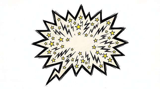 Empty comic speech balloon with stars and lightning bolts provides copy space for custom text on a white background.