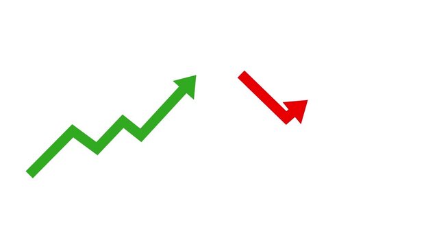 blue up business arrow graph and red down business loss financial decline economic fall recession black background animation.