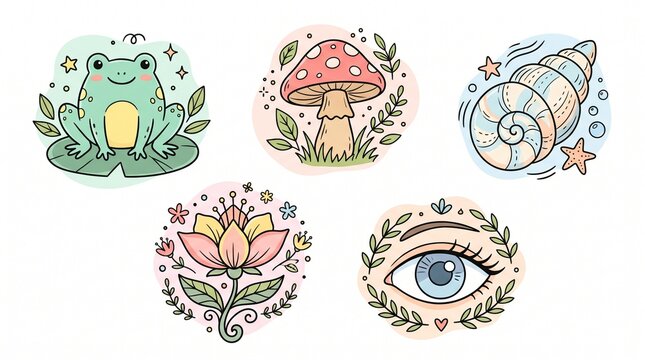 Hand drawn cute biology nature vector icons set cute frog mushroom sea shell blooming flower and human eye