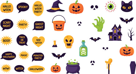 Fototapeta premium Halloween Party Decorative Graphic Element Bundle featuring Creepy Typography Badges, Haunted Castle, Cauldron, Poison Bottle, and Classic Spooky Character Icons
