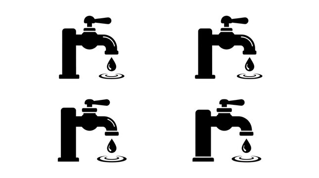 Four faucets dripping water in black and white