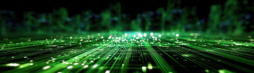 Obraz premium Abstract Green Digital Network Grid with Glowing Particles and Data Flow