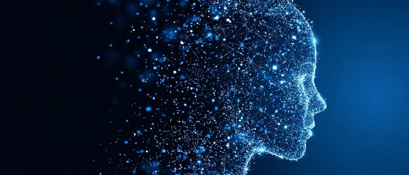 Abstract representation of artificial intelligence and machine learning in a digital human form with glowing particles