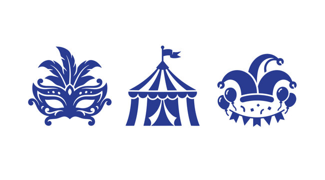 Blue vector icon set featuring a carnival mask a circus tent and a jester hat carnival festival entertainment illustration feathers celebration masquerade collection