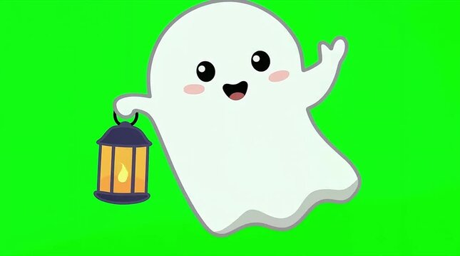 Cute little ghost character holding a glowing lantern, waving happily, chroma key green screen background, Halloween animation vector cartoon style
