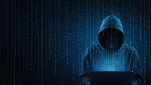A hooded cyber hacker working on a laptop against a blue digital matrix code background. Cybersecurity concept for information technology crime ads.