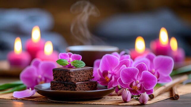 Relaxing Spa Scene with Chocolate Brownies, Steaming Hot Drink, and Pink Orchids Amidst Candles