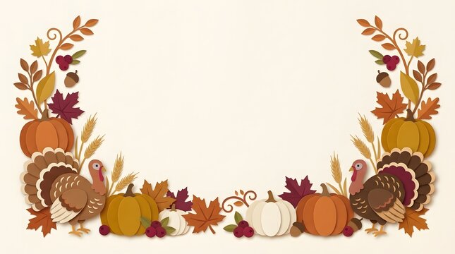 Festive thanksgiving background with pumpkins turkeys and colorful autumn leaves framing a central copy space area