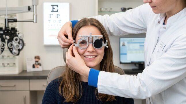 Smiling young woman in white shirt gets eye exam with phoropter by female ophthalmologist in clinic.