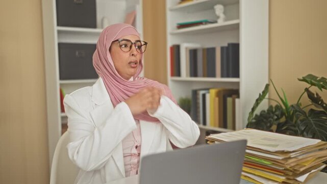 Woman in pink hijab and white coat clasping hands under chin beside laptop and a tall stack of folders and papers in an office; quiet contemplation.