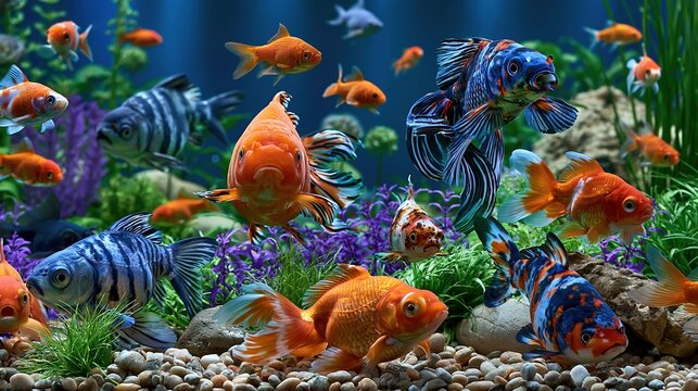 Vibrant underwater aquarium teeming with diverse, colorful freshwater fish and aquatic plants