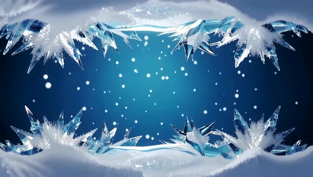 Frost ice crystals forming intricate frozen patterns on icy blue winter glass.