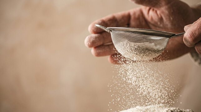 Hands carefully sift flour through a fine-mesh sieve, creating a delicate cascade of powder, suggesting the meticulous preparation of a culinary creation.
